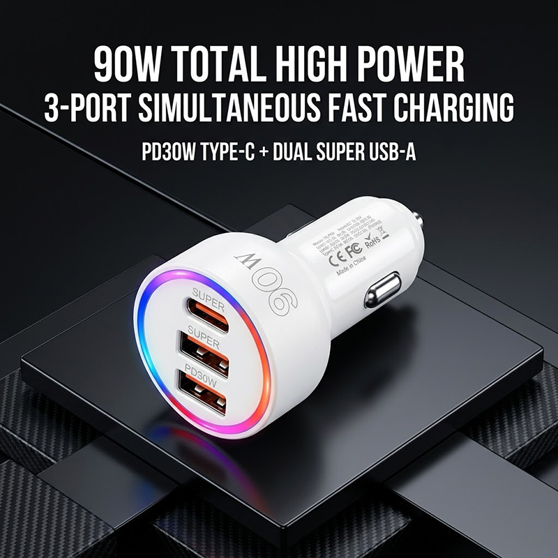 Type C Multiport Adapter - 90W Car Charger Adapter with Multi-Color